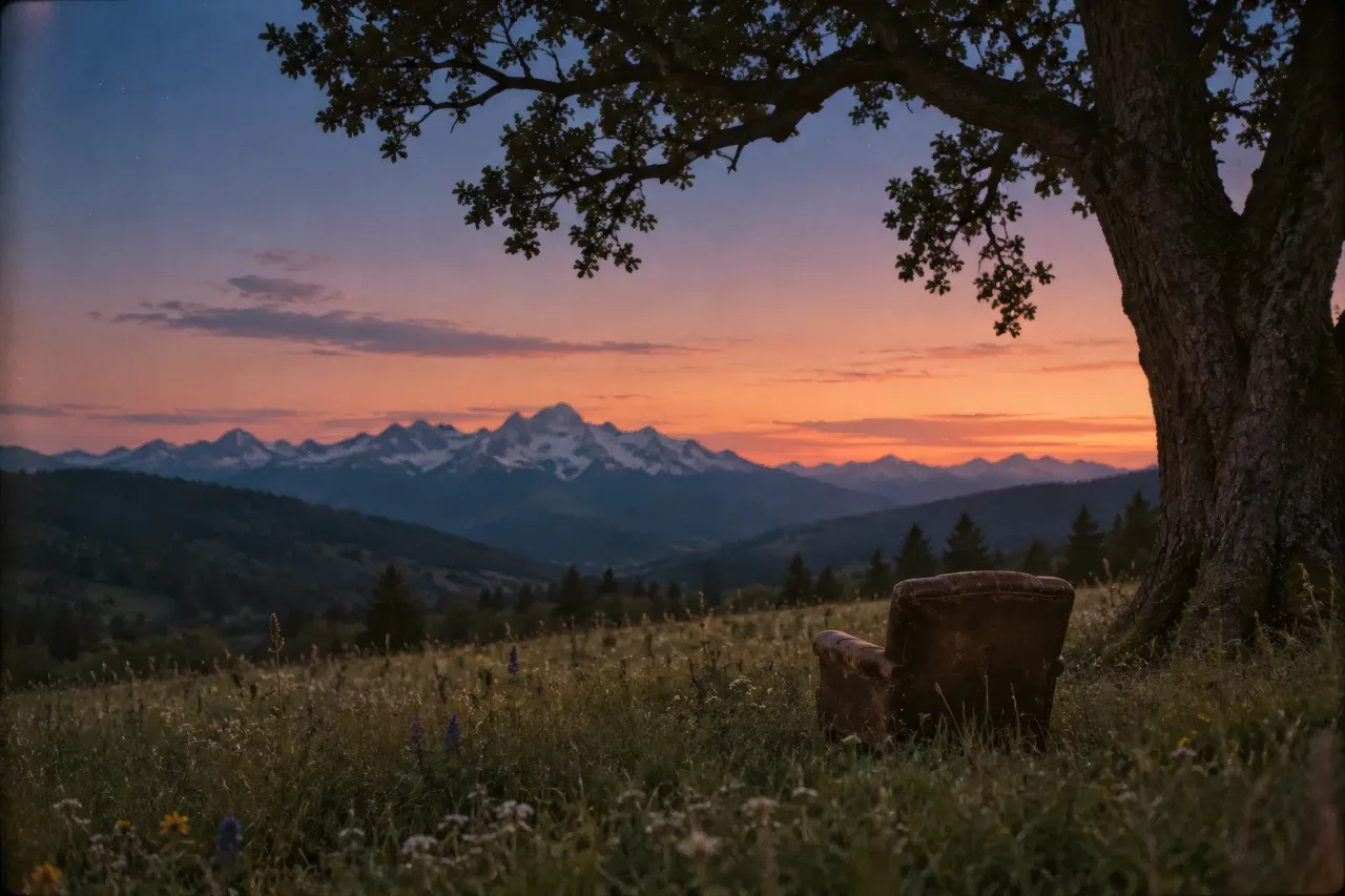 An old leather armchair under an oak in an alpine meadow, facing snow-capped mountains in the afterglow of sunset.