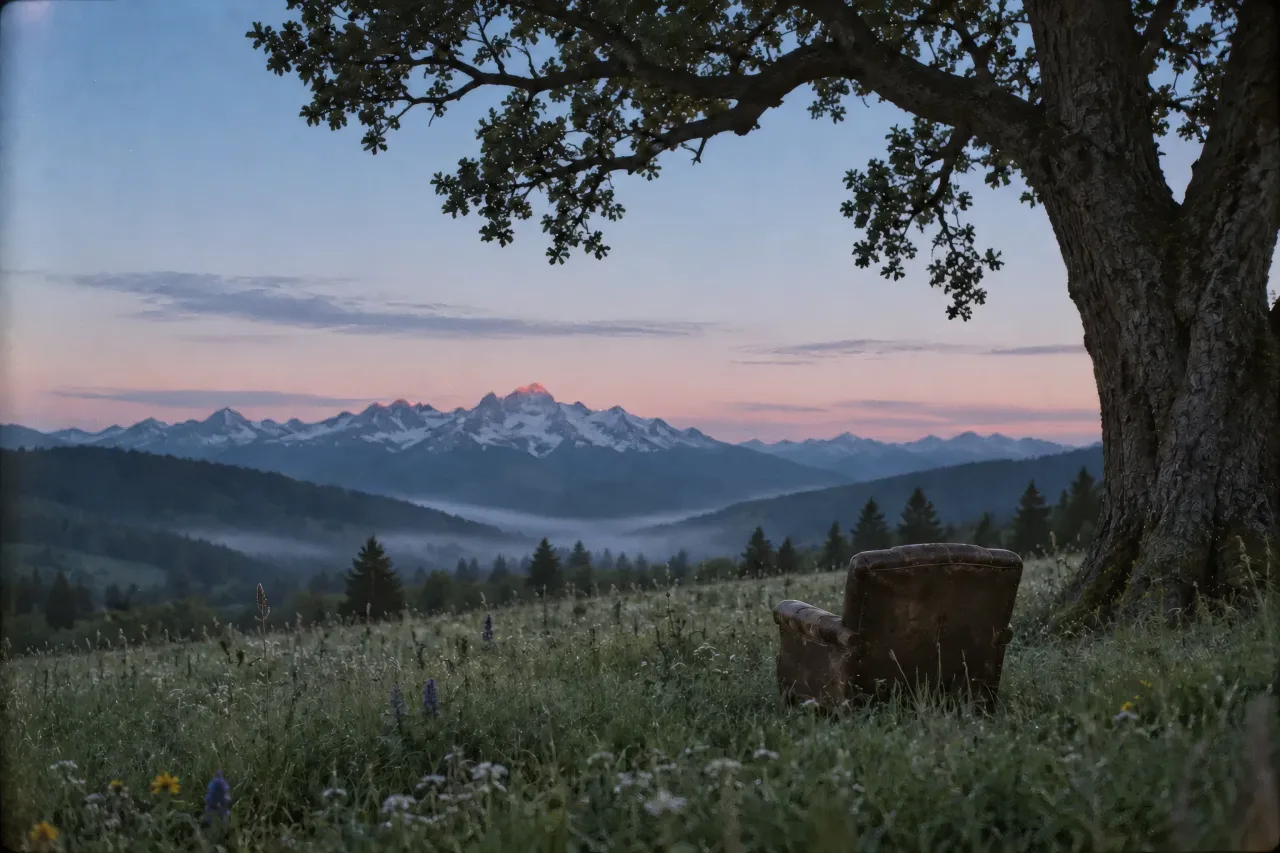 An old leather armchair under an oak in an alpine meadow at dawn, mist in the valley.