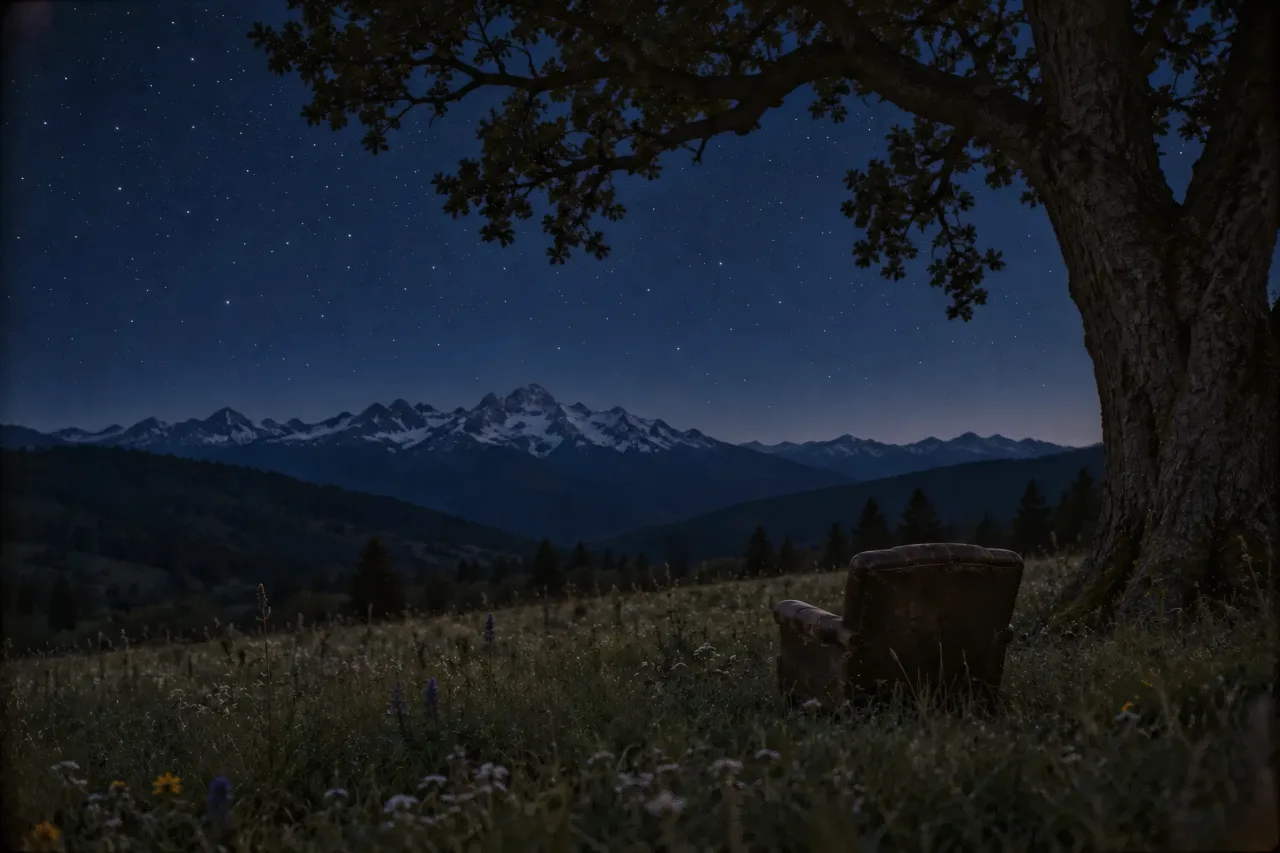 An old leather armchair under an oak in an alpine meadow under a sky full of stars.