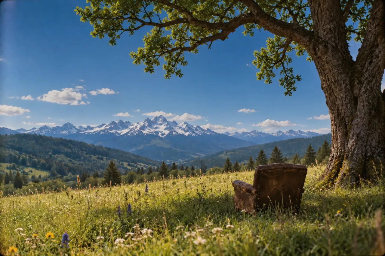 An old leather armchair under an oak in an alpine meadow on a clear summer afternoon.